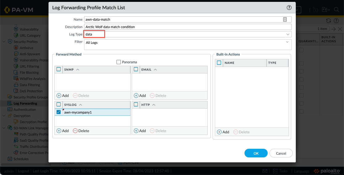 the Palo Alto Networks Log Forwarding Profile Match List dialog